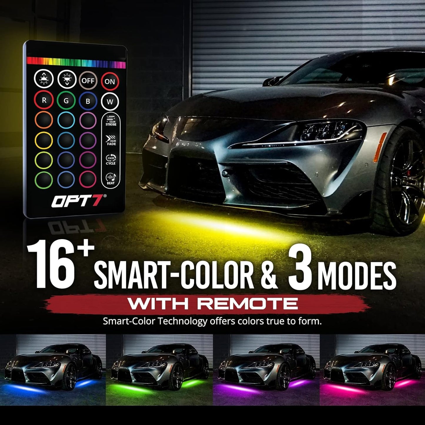 OPT7 Aura Aluminum LED Underglow Kit for Car with Remote Control, Exterior Neon Accent Under Glow Lights, Rigid Waterproof Strip Lights, Music Soundsync Mode, Multicolor RGB Light Bars