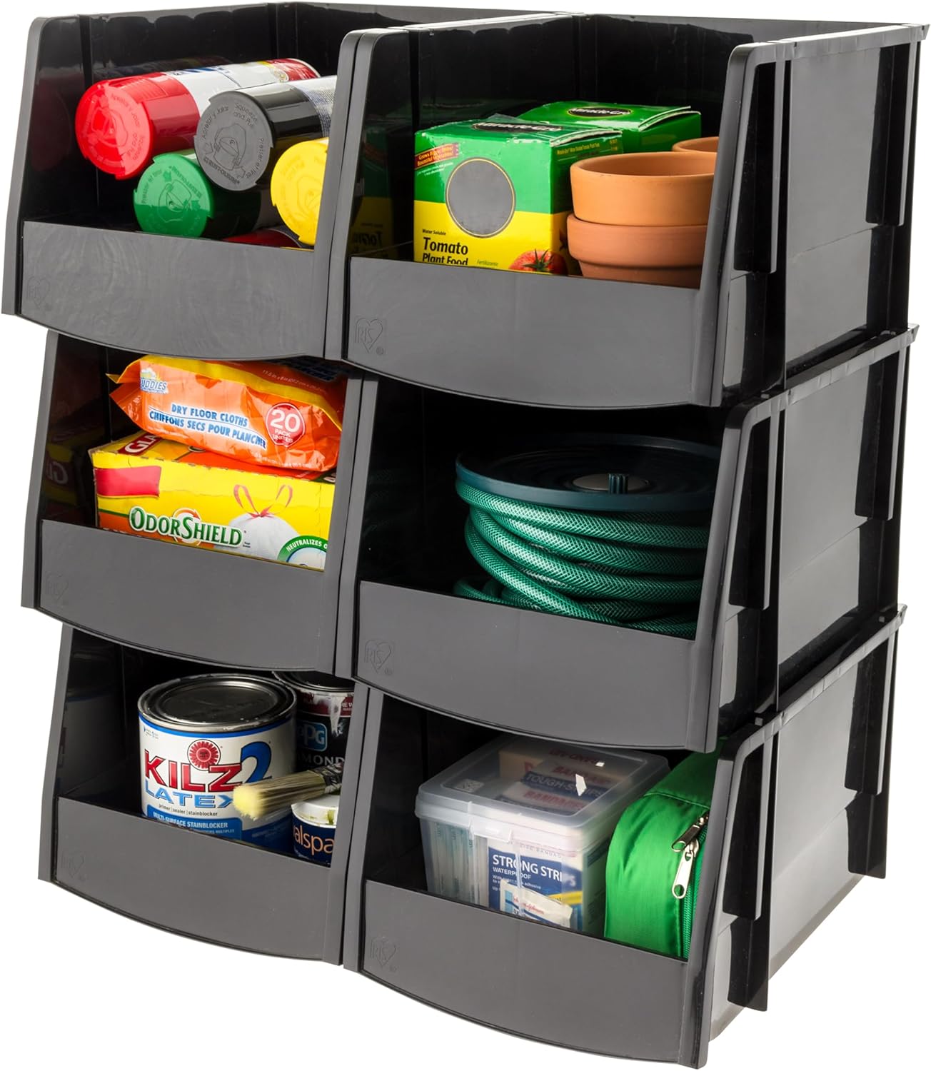 IRIS USA Stackable Storage Bins Open Front, 6 Pack, Plastic Hanging Organizer Caddy Basket for Hardware Crafts, Small Parts, Nuts and Bolts, Garage Tool Storage, Extra Large, Black