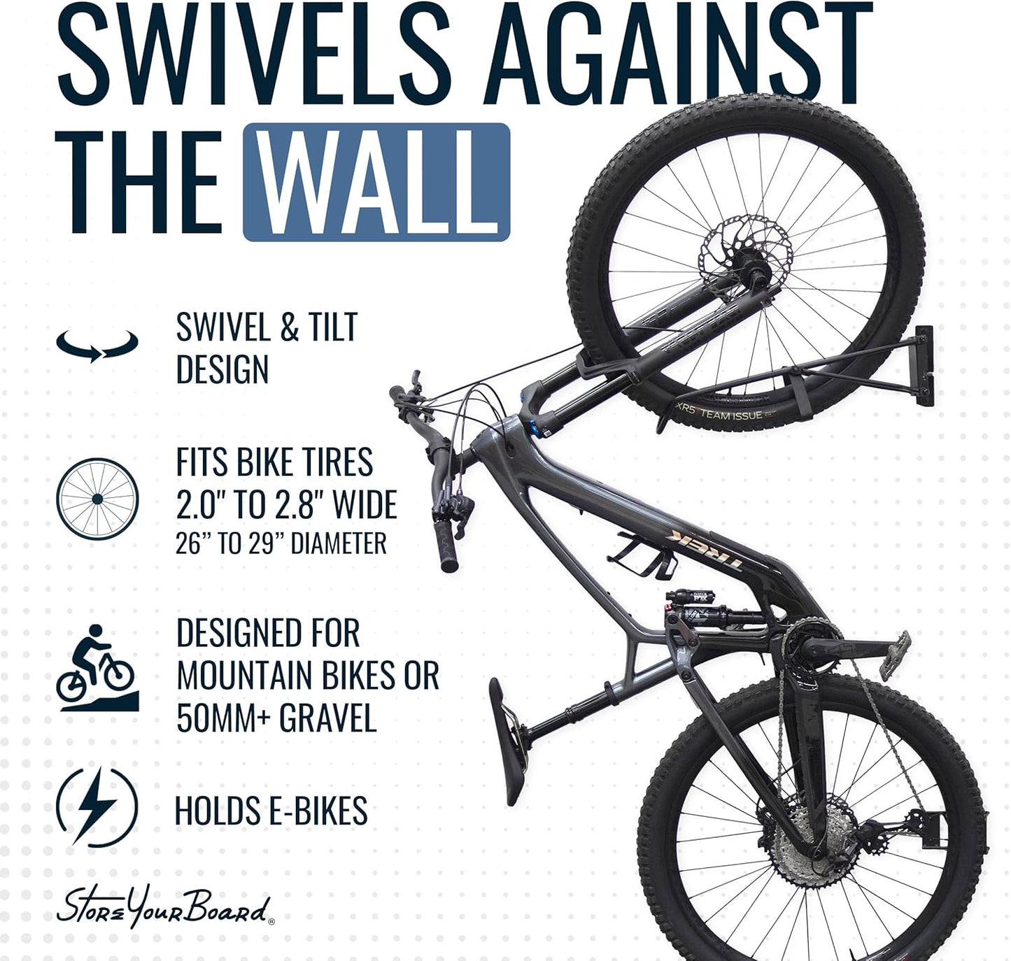 StoreYourBoard SwivelStow Mountain Bike Storage – Heavy Duty Bike Hanger, No-Lift Bike Wall Mount for Garage Bike Storage, MTB and E-Bike, Holds 70 lbs, Patent-Pending