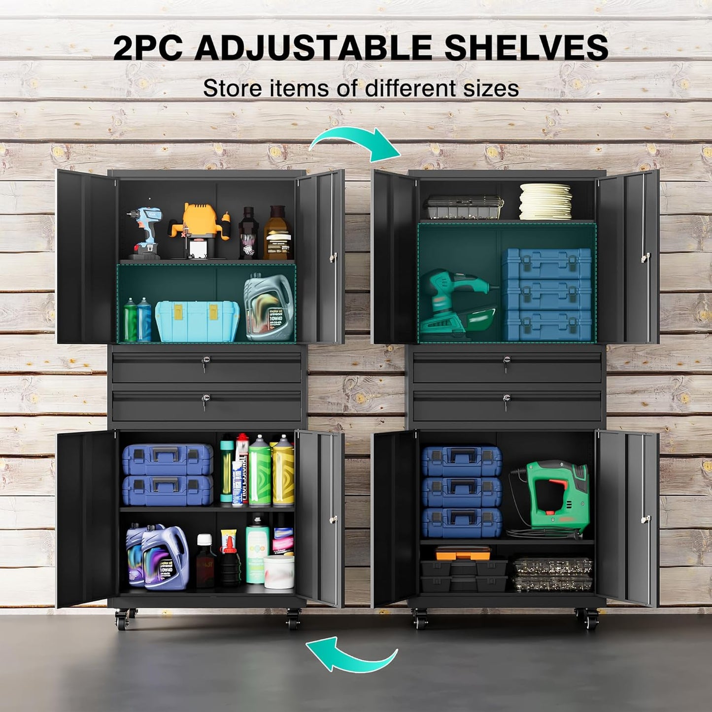 Metal Storage Cabinet with Wheels and Drawers,Rolling Garage Storage Cabinet with Locking Doors and Adjustable Shelves,73" Mobile Tall Large Metal Tool Cabinets with Locks for Home,Office,Garage