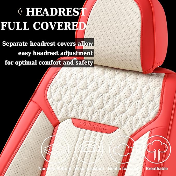 Coverado Car Seat Covers Full Set, Front and Rear Seat Covers, 5 Seats Leather Seat Covers for Cars, Waterproof Car Seat Protectors, Automotive Seat Cushions, Universal Fit for Most Cars, Red&White