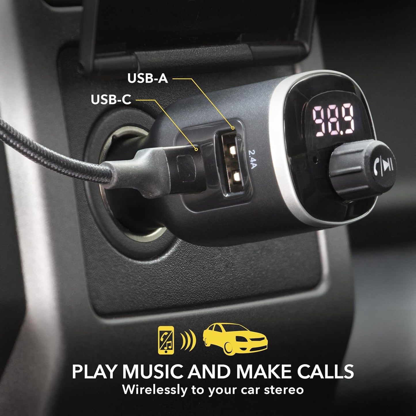 Scosche BTFM8 Bluetooth FM Transmitter Car, Dual 12W USB-C and USB-A Charging Ports, Fast Type-C Car Charger, Wireless Radio Bluetooth Adapter, Hands-Free Kit for Calls, Siri and Google Assistant