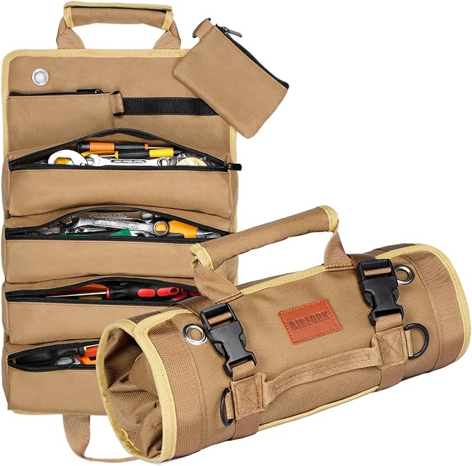 Roll Up Tool Bag, Heavy Duty Tool Organizer Bag, Portable Tools Bag with 6 Tool Pouches for Mechanics, Electricians, DIY Projects, Gifts for Men Dad Husband (Khaki)