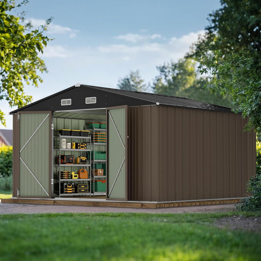 JUMMICO 10 x 10 FT Outdoor Storage Shed, Large Metal Garden Shed & Tool Sheds for Backyard Garden Patio Lawn (Brown)