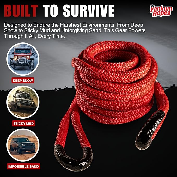 Yankum Kinetic Recovery Rope - Heavy Duty 1" x 20' Tow Rope, Off-Road & Vehicle Recovery, Kinetic Energy Ropes for 4x4, Jeep, and Trucks, Made in USA – Rattler Series