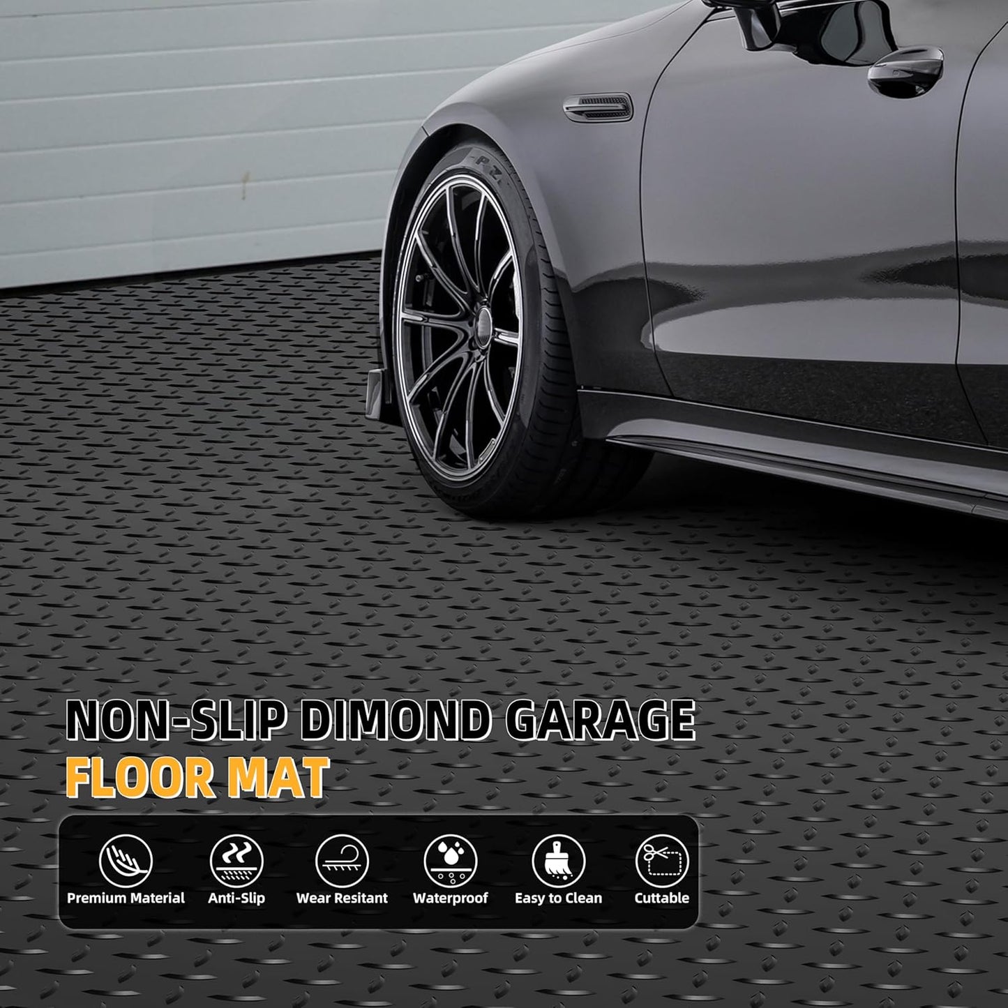 8.2 x 23 FT Garage Floor Mat, 2.8mm Thickened Diamond Plate PVC Garage Flooring Roll for Car, 188.6 SQFT Heavy Duty Vinyl Garage Floor Protector for Garage, Basement, Truck. Black