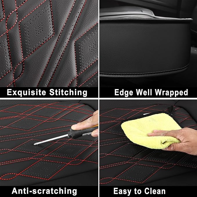 Huidasource Leather Back Row Seat Covers, Waterproof Rear Split Bench Car Seat Covers, Vehicle Seat Cushion Cover Protector Universal Fit for Most Cars Sedan SUV Pickup Truck(Back Row/Black&Red)