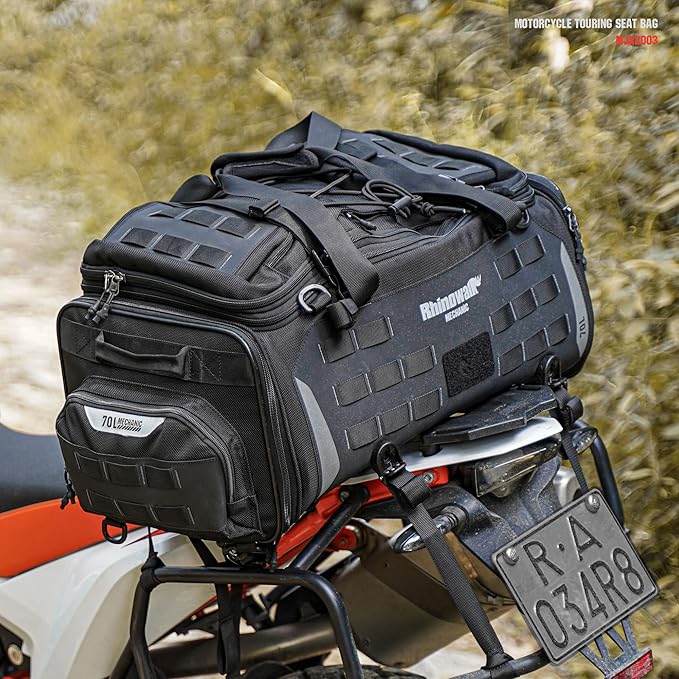 Rhinowalk Motorcycle Saddle Bag Tail Bag Expandable 50L to 70L Mechanic Series Motorbike Bag, Waterproof with MOLLE System, Multi-Compartment Travel Luggage for Powersports (70L, Black)