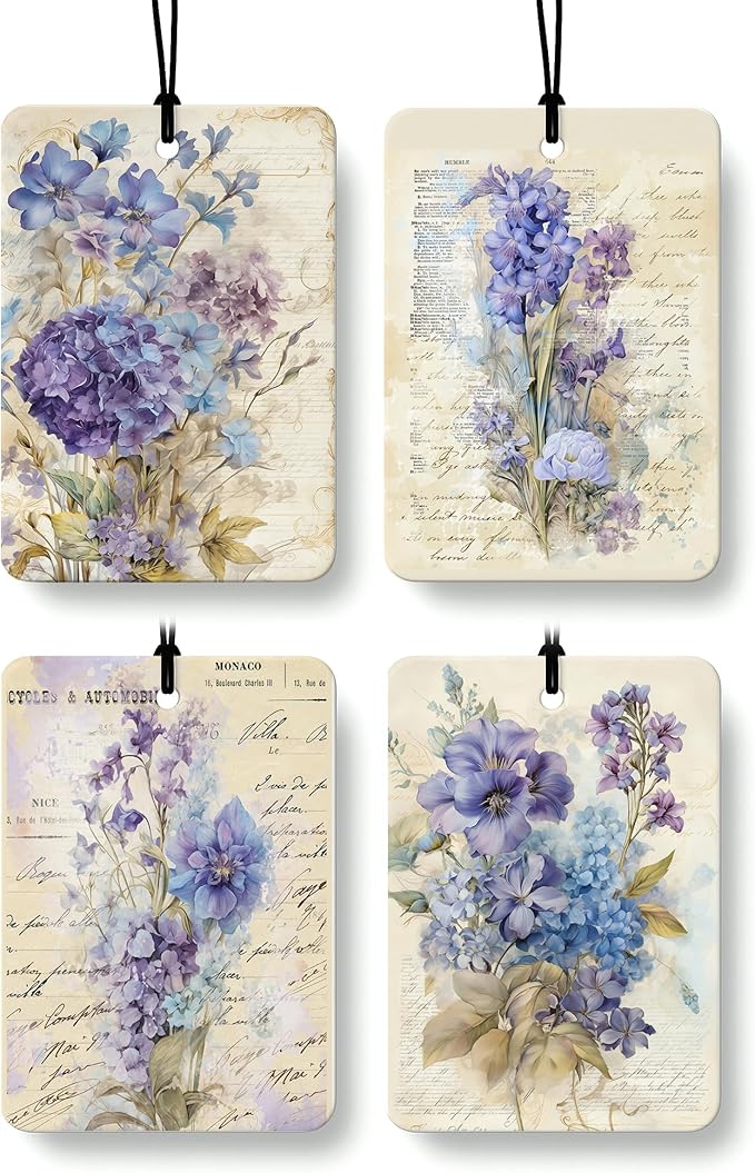 Vintage Purple Floral Cologne Car Air Freshener 4 Pcs, Rustic Hydrangea Violet Campanula Hanging Air Freshener for Cars Bathroom Dorm Books Decor, Cute Flower Accessories Gifts for Women Girls