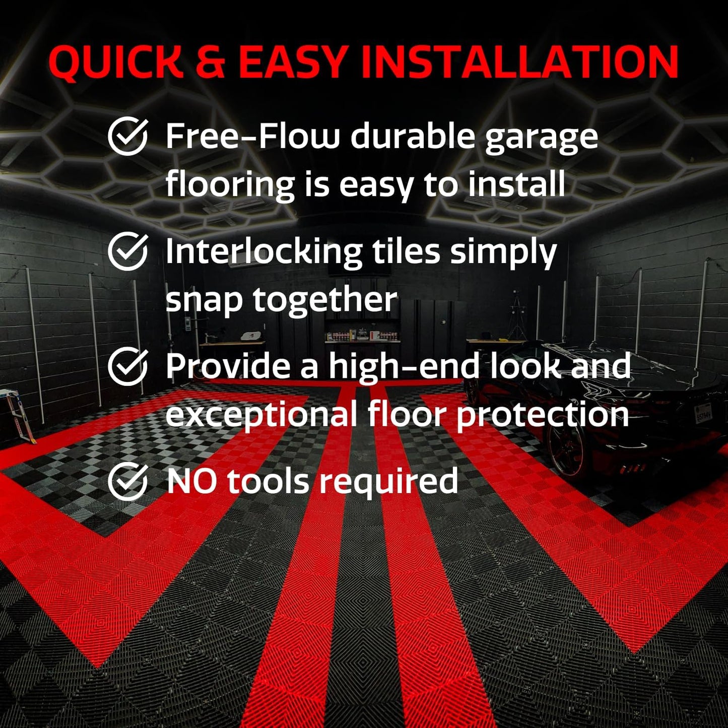 Big Floors RaceDeck Free-Flow Interlocking Garage Flooring Tiles, Non-Slip, Self-Draining, Heavy-Duty, High-Impact Copolymer, Easy Install (Black, 12 Pack of 12 x 12" Tiles)