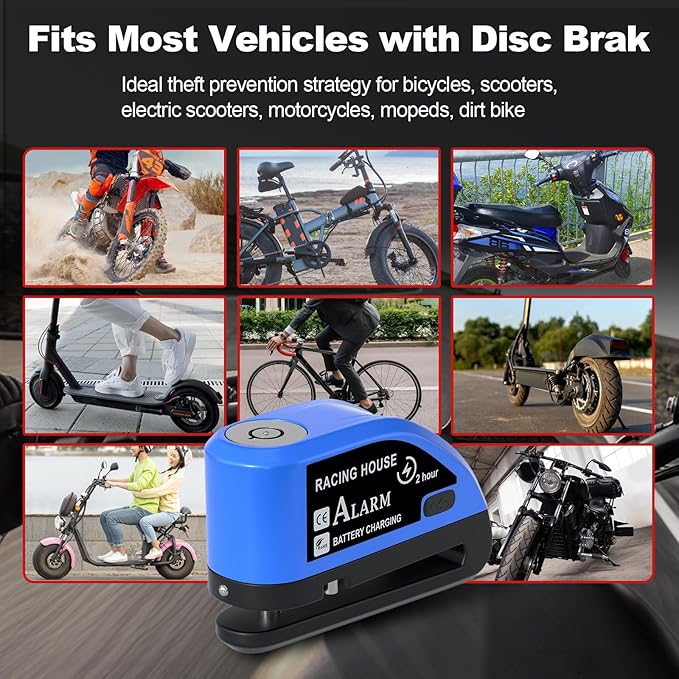 Motorcycle Lock Rechargeable, Alarm Disc Brake Lock with Reminder Cable, 110 dB Alarm Sound, Anti-Theft Waterproof, 2 H Fast-Charging, 9 Months Standby, 7 mm Lock Pin Universal for Bikes