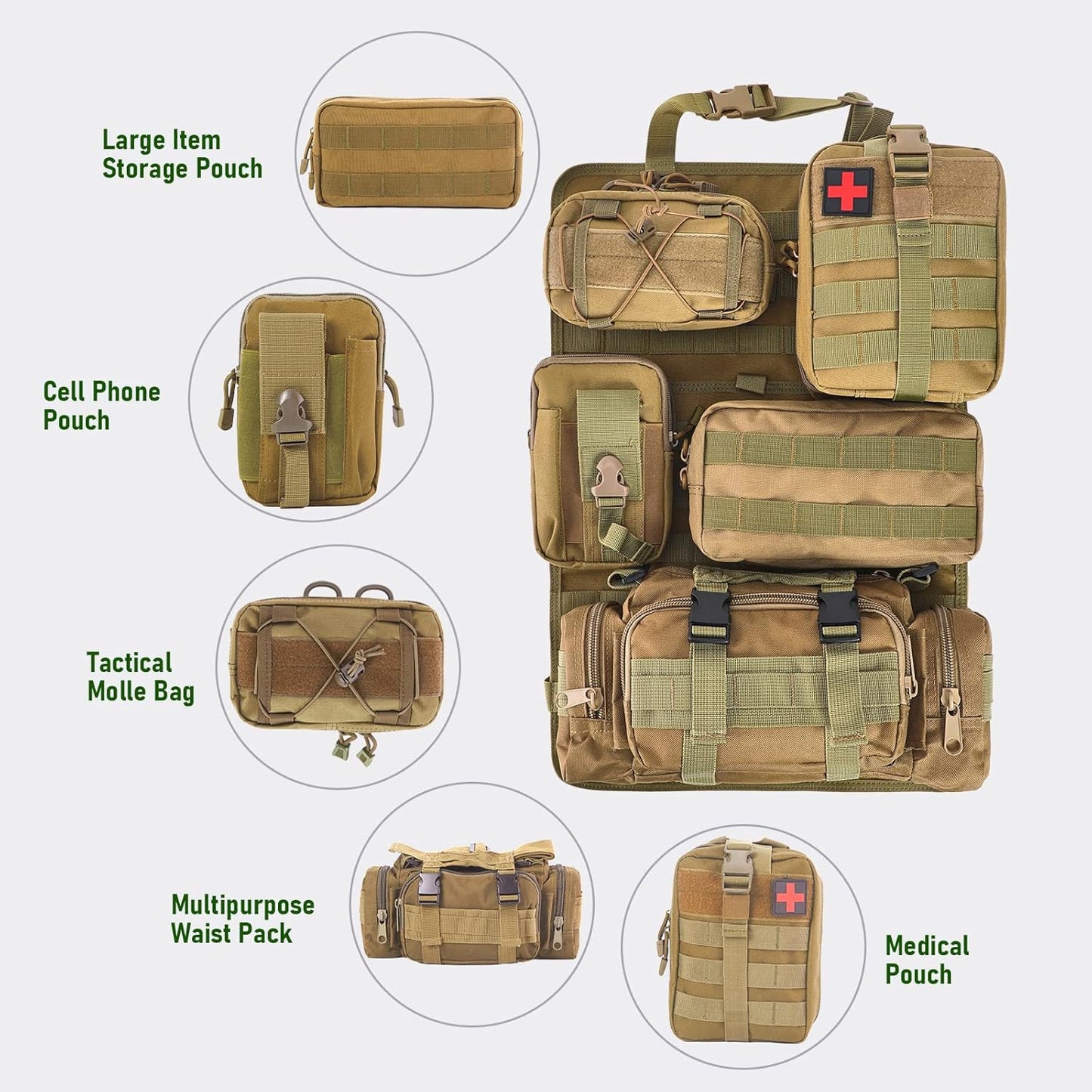 Universal Tactical Seat Back Organizer Vehicle Molle Panel Organizer Storage Bag with 5 Detachable Molle Pouch for All Vehicel Such as Jeep,Truck,SUV, Car, Ford,Chevy etc