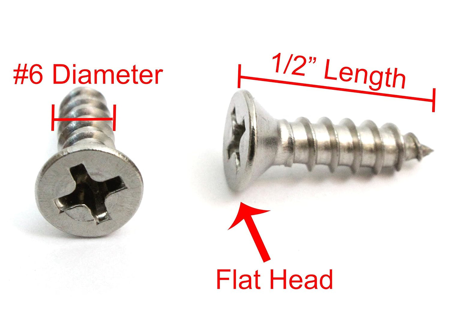 Bolt Dropper #6 x 1/2'' Stainless Steel Flat Head Phillips Wood Screw (100 Pack), 18-8 (304) Stainless Steel Sheet Metal Screws - Type A Point, Plain Finish