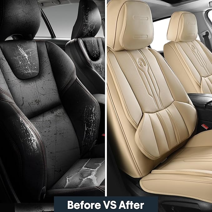 AOOG Car Seat Covers Custom Fit for Ford F150 2009-2026, Faux Leather Seat Cover Set for 2017-2026 F250 F350 F450, Accomodating Regular Cab Super Cab Super Crew Pickup Truck Cushions(Beige, Full Set)