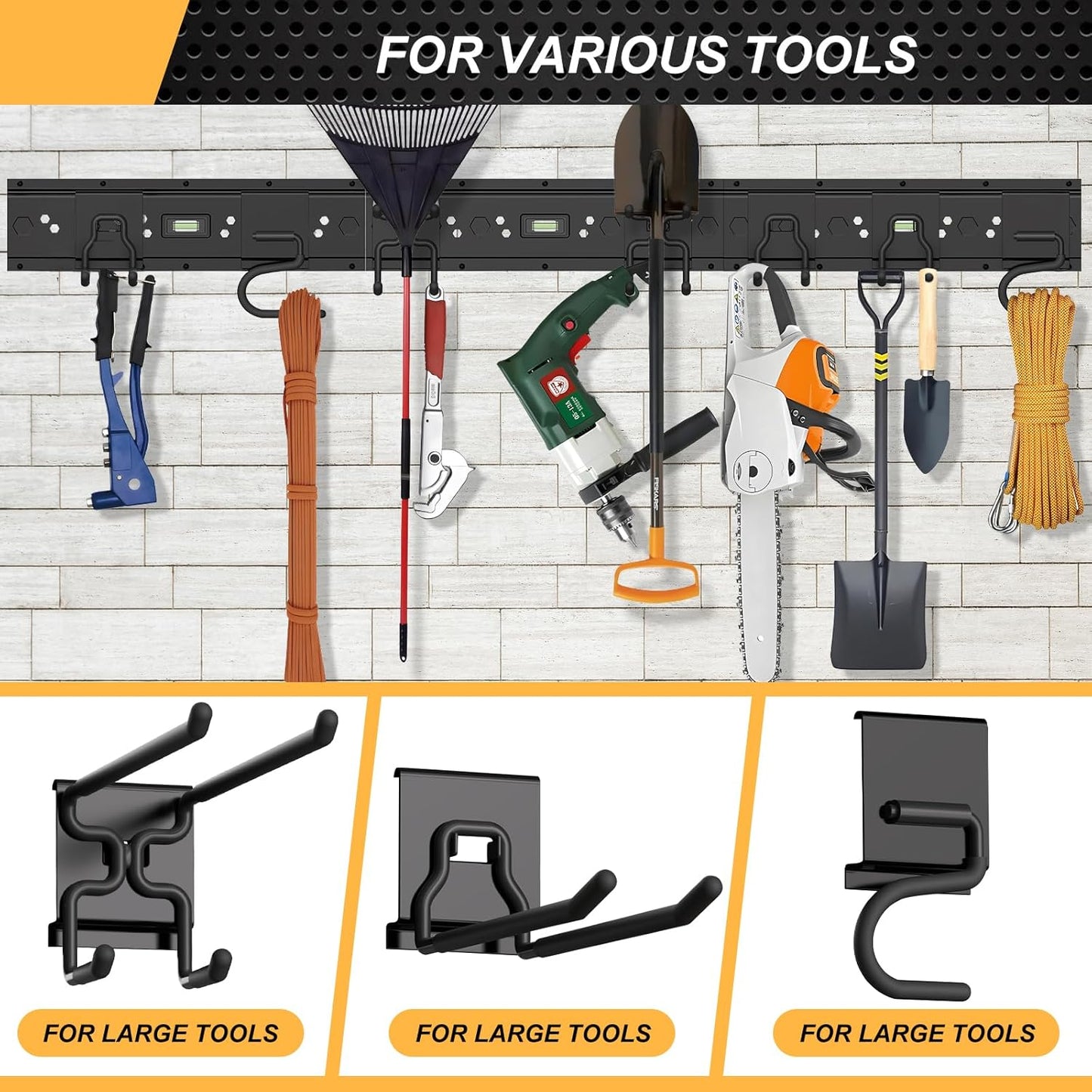 Garage Tool Organizer Wall Mounted, 48 Inches Adjustable Lawn Tool Organizers for Garage, 7 Adjustable Wall Hooks Heavy Duty Yard Tool Organizer Hold Up to 600lbs