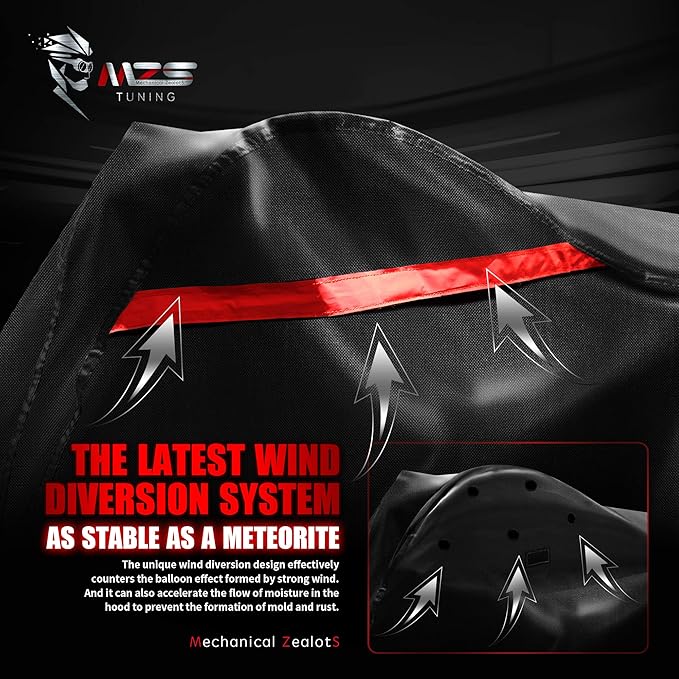 MZS Motorcycle Cover - All Season Weather Outdoor Waterproof Protection fits up to 86 inch L Compatible Sport Bikes Cruiser - Vents Night Reflective Tear Scratch Proof Sunblock Adjuster Buckle