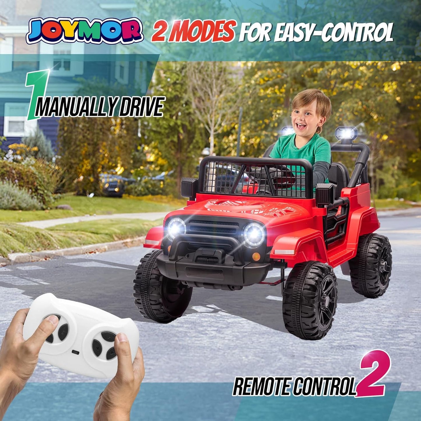 JOYMOR 12V Kids Ride on Truck with Remote Control, 4 Wheels Battery Powered Kids Car, Electric Play Car with LED Lights/Horn/Remote and Manual Control/3-5 MPH Speed/Gift for Girl Boy (Red)