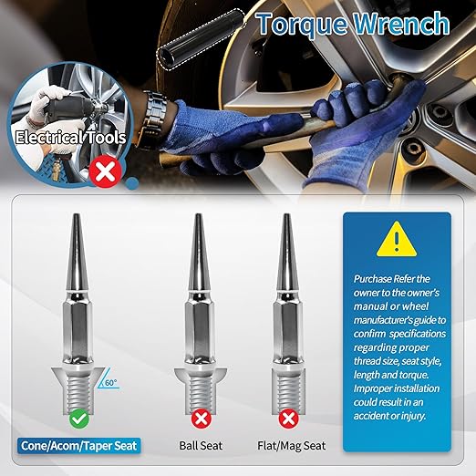 1/2"-20 Chrome Silver Wheel Spike Lug Nuts, 24 PCS Lug Nut Wheel Accessories with 1 Socket Key, Thread Spiked 4.4" Long Closed End Nuts Compatible with Wrangler Cherokee Explorer