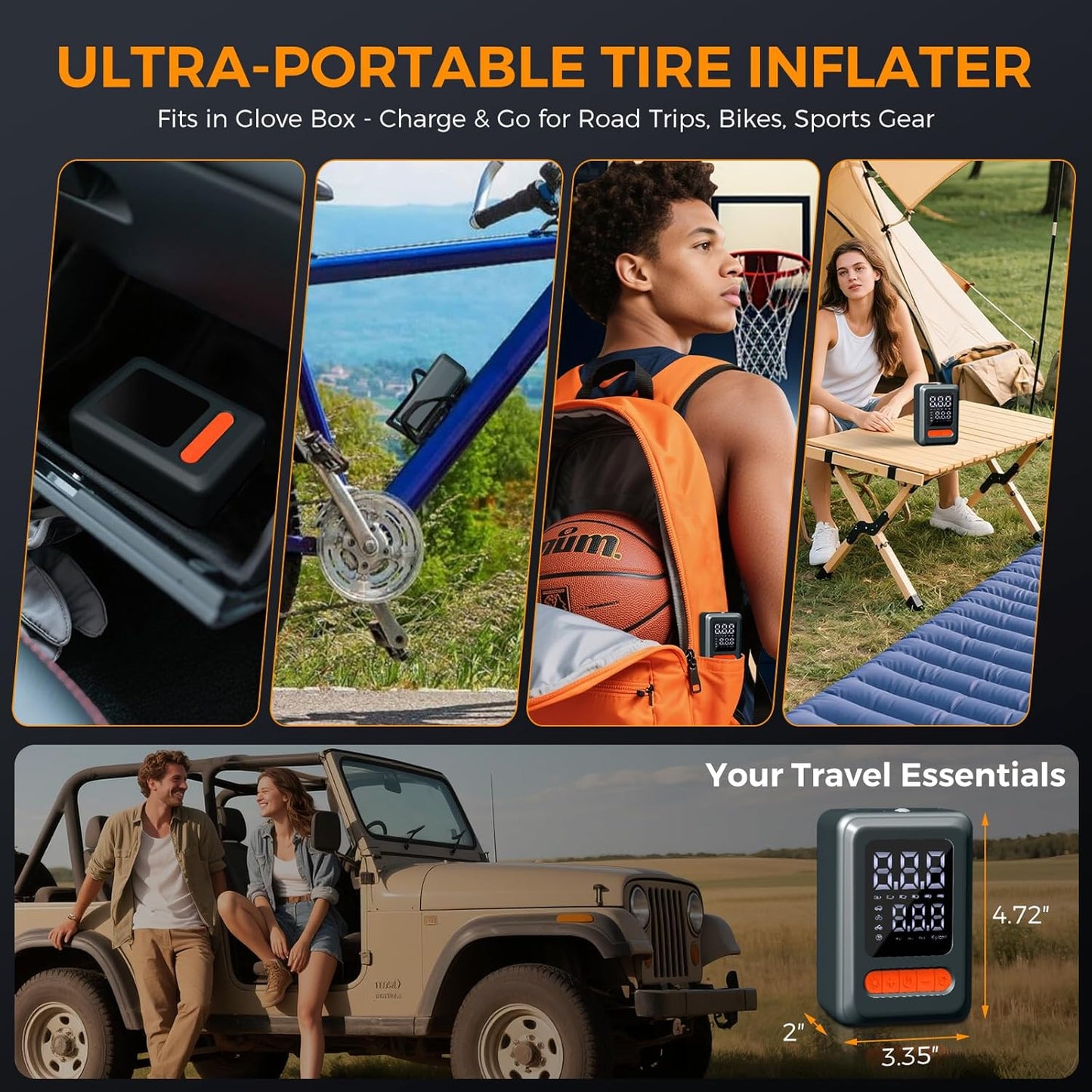 Tire Inflator Portable Air Compressor, 150 PSI Cordless Mini Bike Tire Pump, Air Pump for Auto, Motorcycle, Bicycle, Balls with Pressure Gauge&LED Light, Grey, Medium