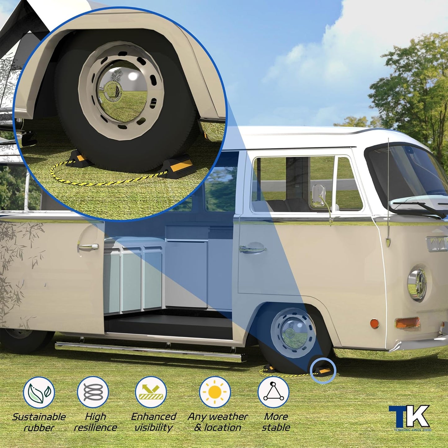 Heavy Duty Rubber Wheel Chock, Non-Slip Tire Stopper with Durable Nylon Rope, for Cars, Trucks, RVs, and Aircraft, 1 Pair