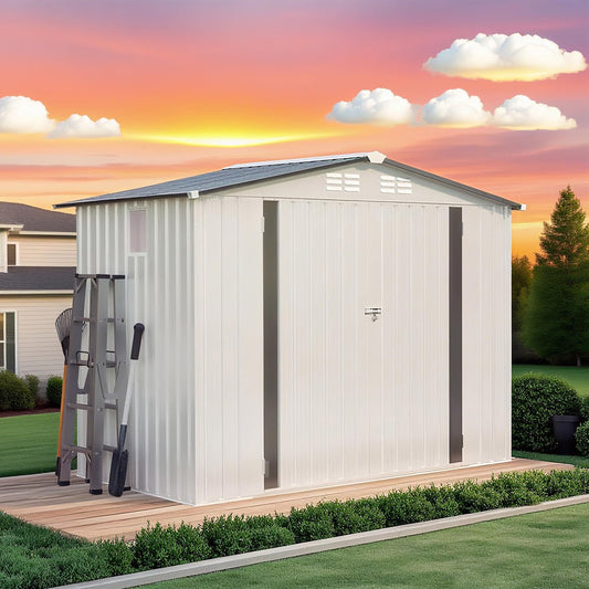 8 x 6 FT Outdoor Storage Shed, Metal Garden Tool Shed with Slooping Roof, Lockable Doors and Aluminum Frames, Easy to Assemble for Garden, Patio, Lawn, White+Black