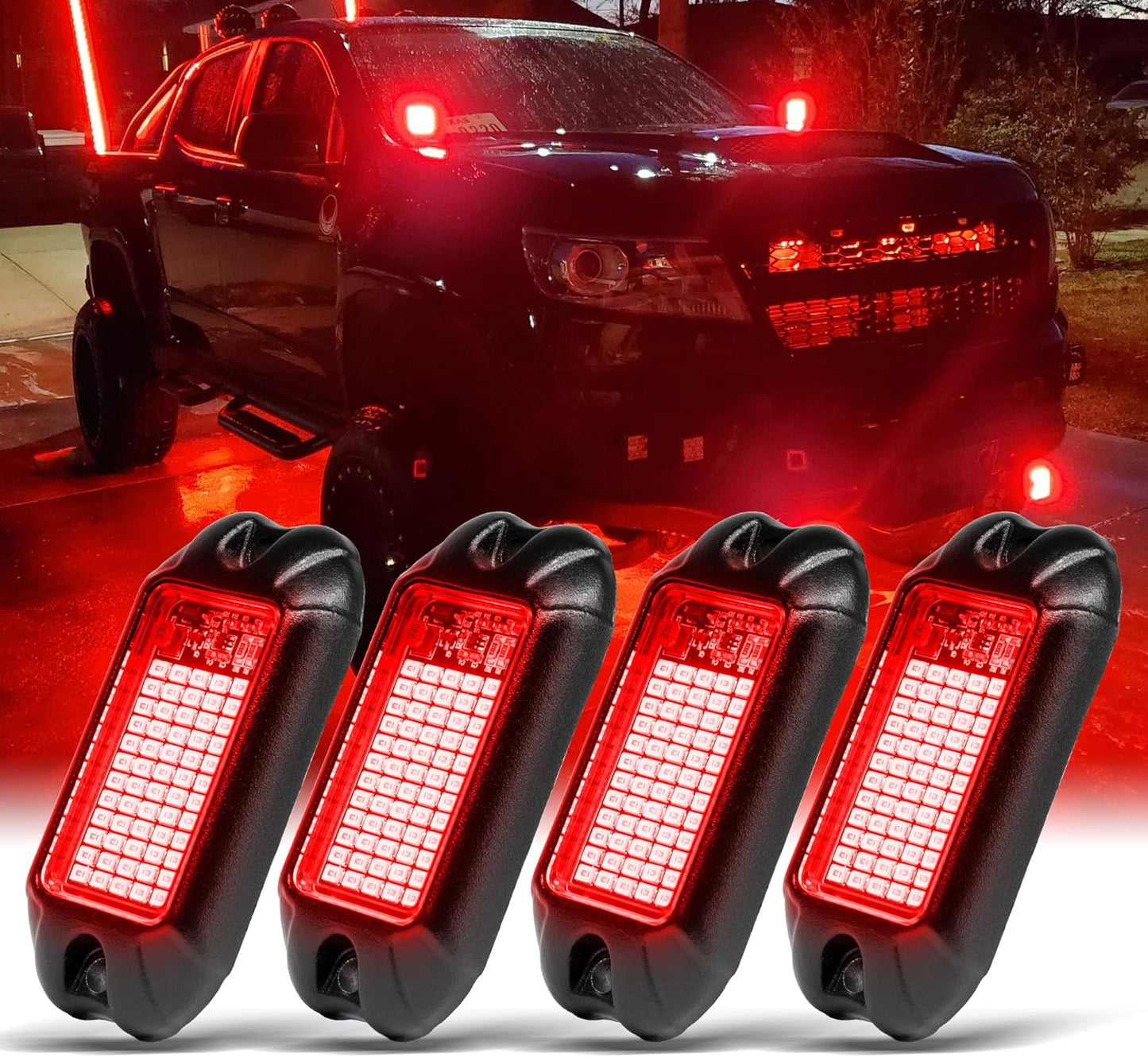 Nicoko 4Pods Pure Red LED Rock Lights 72 pcs LEDs high Power Rock Lights Neon Underglow Light for Car Trucks ATV UTV SUV Boat Underbody Glow Trail Rig Lights IP68 Waterproof