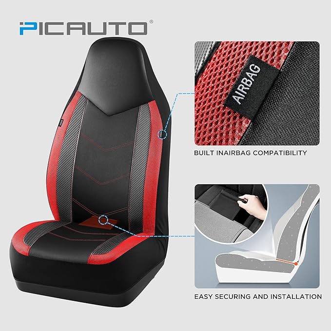 PIC AUTO Leather Car Seat Covers, Sports Carbon Fiber & Mesh Design, High-Back Two Front Set, Waterproof Automotive Seat Covers, Airbag Compatible, Universal Fit for Most Cars (Black & Red)