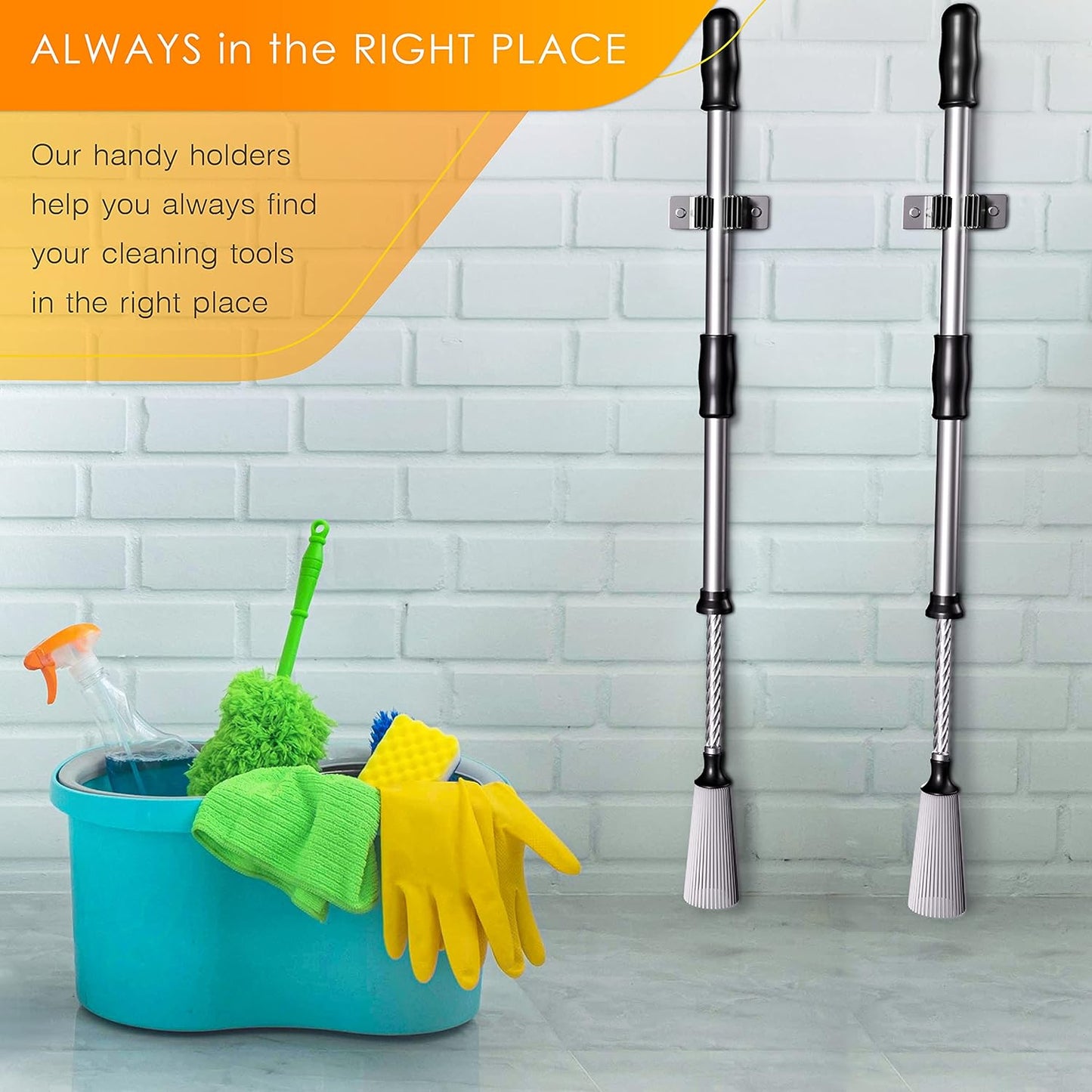 Self Adhesive Broom and Mop Holder Wall Mounted – SUS304 Stainless Steel 2-Slot Organizer with Anti-Slip Rubber Grips, 25lb Load, Adjustable for 0.6–1.4" Handles, Garage Kitchen Bathroom Use, 3 Pcs