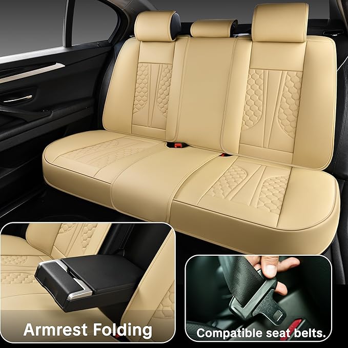 Beige Leather Car Seat Covers - Luxury Waterproof Car Seat Protectors with Lumbar Support, Non-Slip Base, Airbag Compatibility, Easy Installation and Cleaning