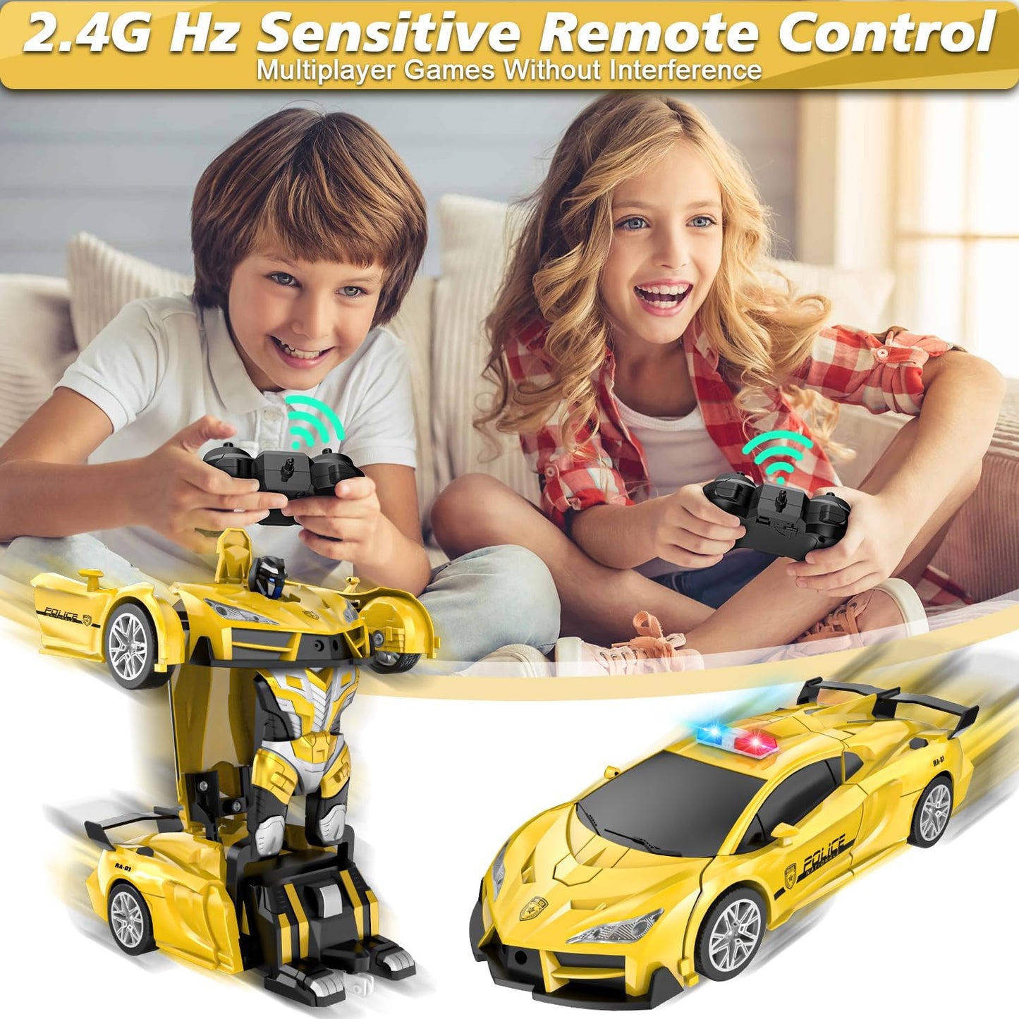 Remote Control Car for Boys 4-7, 2.4GHz RC Car 1:18 Scale, One-Button Transforming Toy with 360° Spins, LED Lights（Yellow）