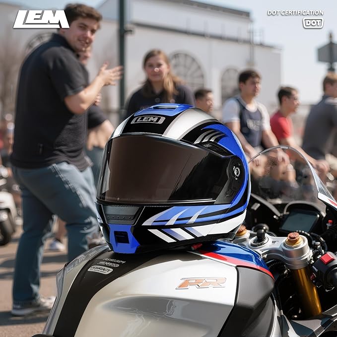 LEM Modular Motorcycle Helmets Fiberglass, Full Face Motorcycle Helmet Flip Up for Touring, DOT Certified, Release Sun Visor & Removable Comfort Liner, Lightweight Street Bike Helmet (Blue, L)