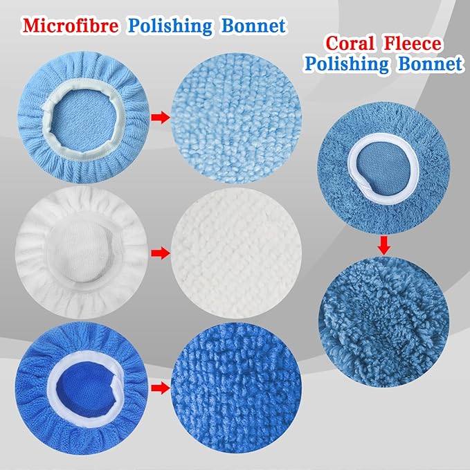 Boltigen 12pcs 5-6 inch Polishing Pad Bonnets 12Pack 4 Color 5 to 6'' Orbital Polishing Pad Microfiber Coral Fleece Bonnet Car Buffer Polisher Waxing Covers for Automobile Glass Cleaning and Polish