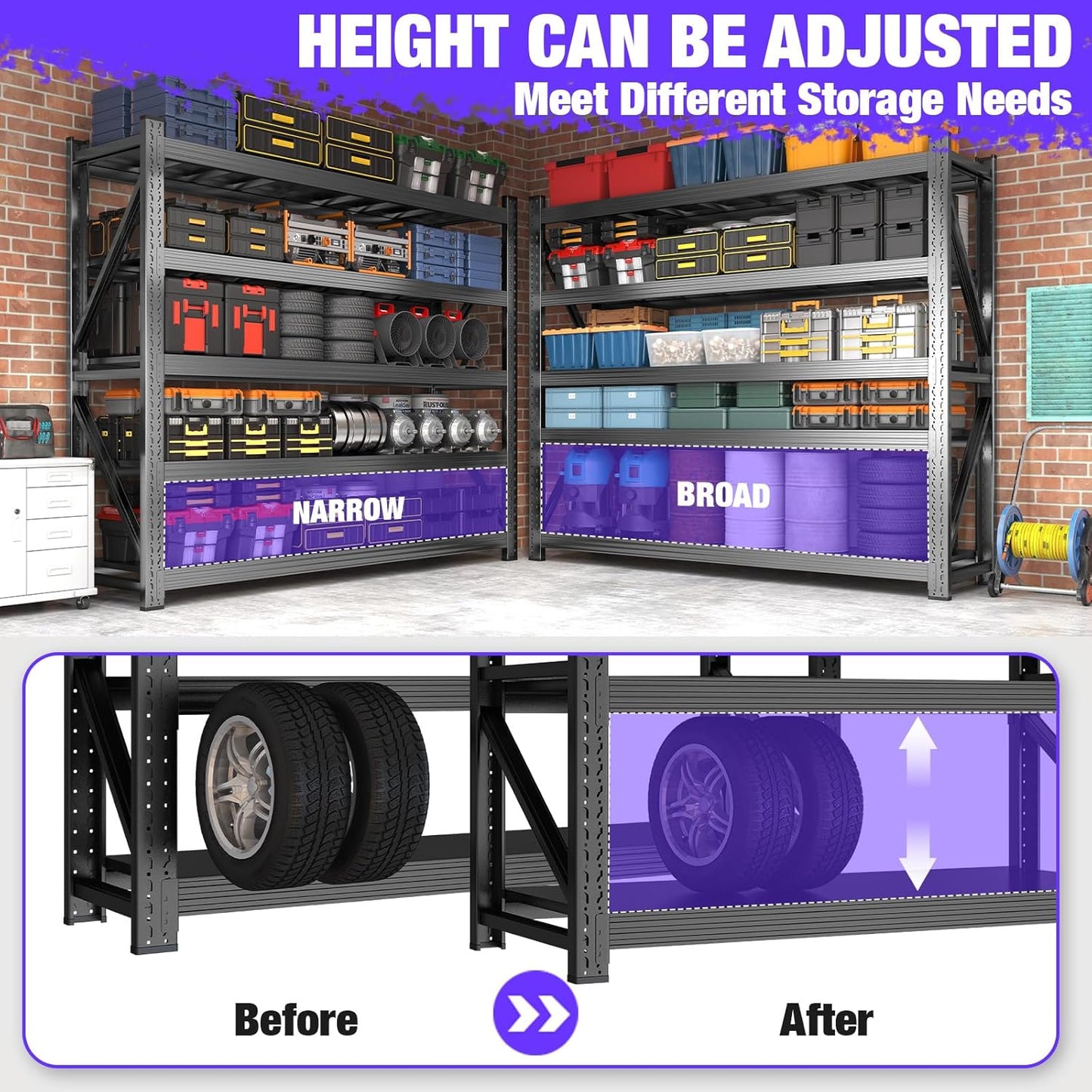 Metal Garage Shelving Heavy Duty, 5-Tier Adjustable Wire Storage Garage Shelves, 8000 LBS Loads Industrial Shelving Units for Garages, Warehouses, Kitchen, Black, 59" W x 24" D x 71" H,4 Pack