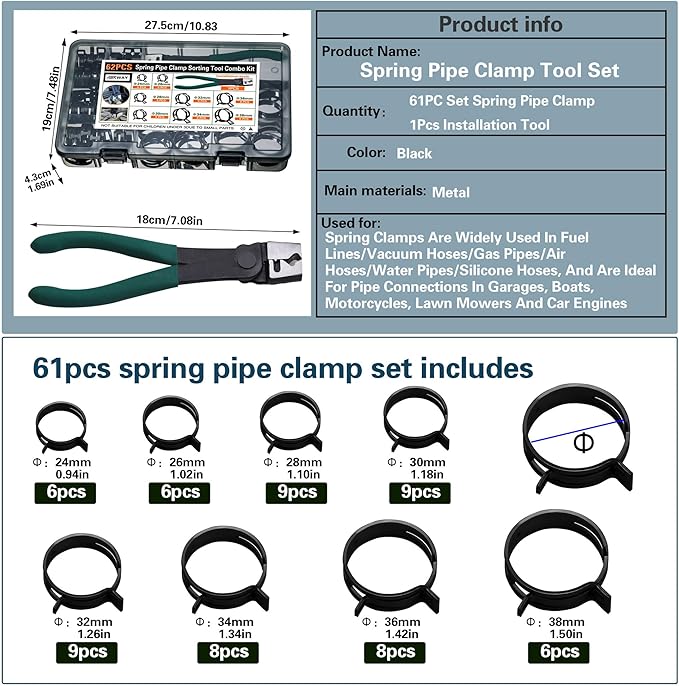 Automotive spring hose clamps 24-38 mm, 62 pcs fuel coolant pipe clamp tools in 8 sizes, used to fix hose interfaces in automotive, marine, gardening, and industrial applications