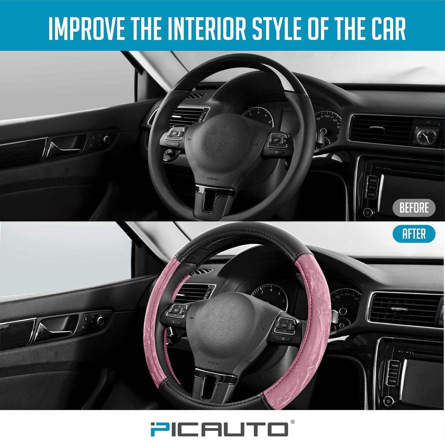 PIC AUTO Steering Wheel Cover, Silk Grain Leather Car Steering Wheel Protector, Comfortable Grip, Universal 14.5-15.5 Inch Anti-Slip Steering Wheels Accessories for Men & Women (Pink)