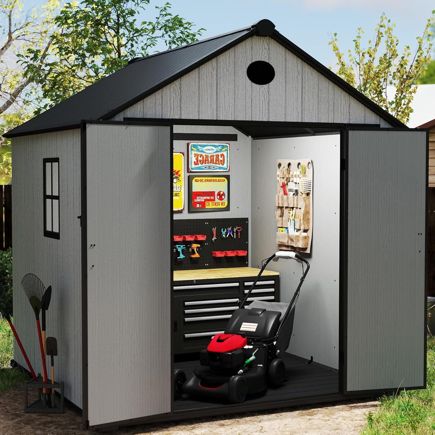 7.3 x 7.3 FT Shed Resin Outdoor Storage with Floor, 436 cuft Plastic Shed with Window and Lockable Door for Garden,with Wood Texture, Grey