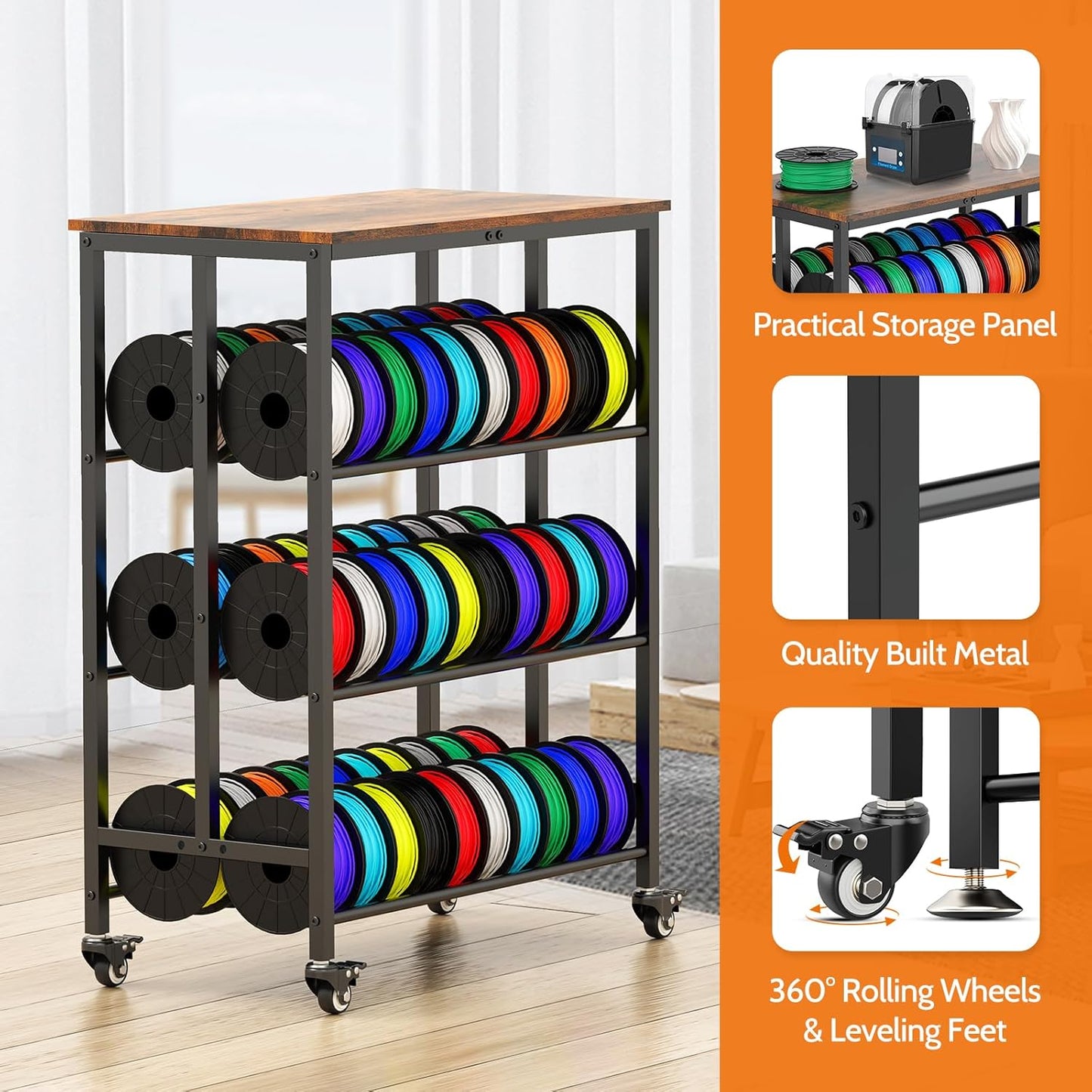3D Printer Filament Cart, 2 Rows Filament Storage Rack Shelf for PLA/TPU/ASA/Nylon Filament Metal Storage Rack with Storage Board, 3D Printer Accessories for Workshop Garage Office Storage Tire Rack
