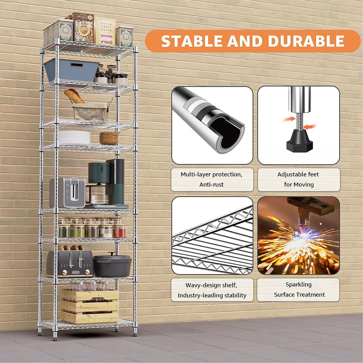 8 Tier 2000 lbs Storage Rack Metal Wire Shelving Unit, Storage Standing Shelf Organizer for Laundry Bathroom Kitchen Pantry Closet Garage Utility Room, Chrome 13.8" D x 23.6" W x 79.5" H