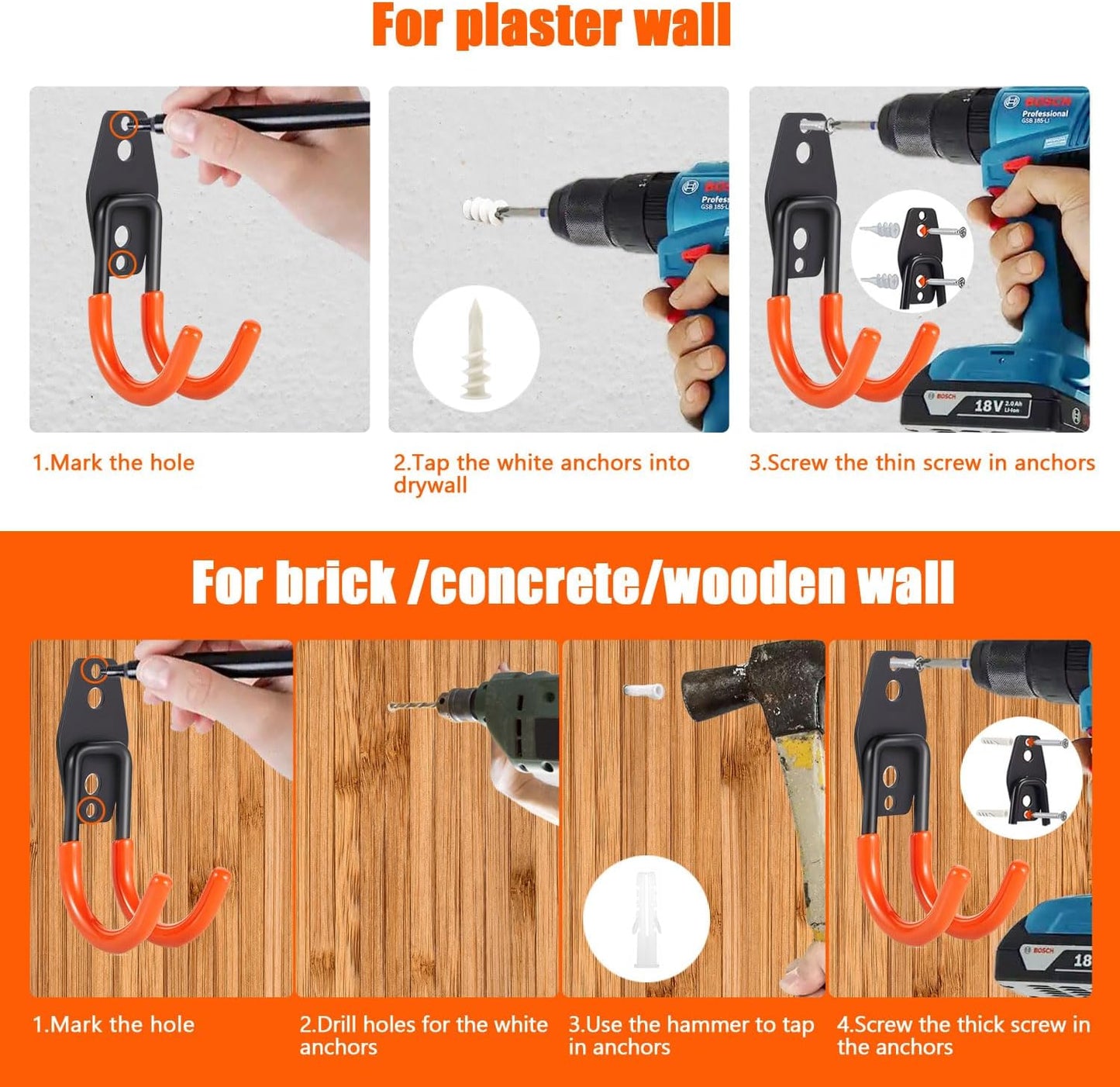 Heavy Duty Garage Storage Hooks，2 Pack Anti-Slip Coating,Wall Mount Storage Hooks for Hanging Bike, Ladder, Garden Tools,Small Utility Hook, Hose Holder for Outdoor and Indoors (4, Type u)