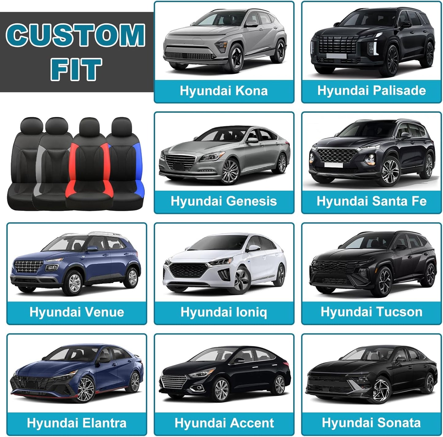 GIANT PANDA 2 Front Leather Car Seat Cover for Hyundai,3D Air Cool Mesh Thick Seat Covers Custom Fit Hyundai Sonata Elantra Santa Fe Tucson Accent Kona Palisade Genesis Venue Ioniq (Black)