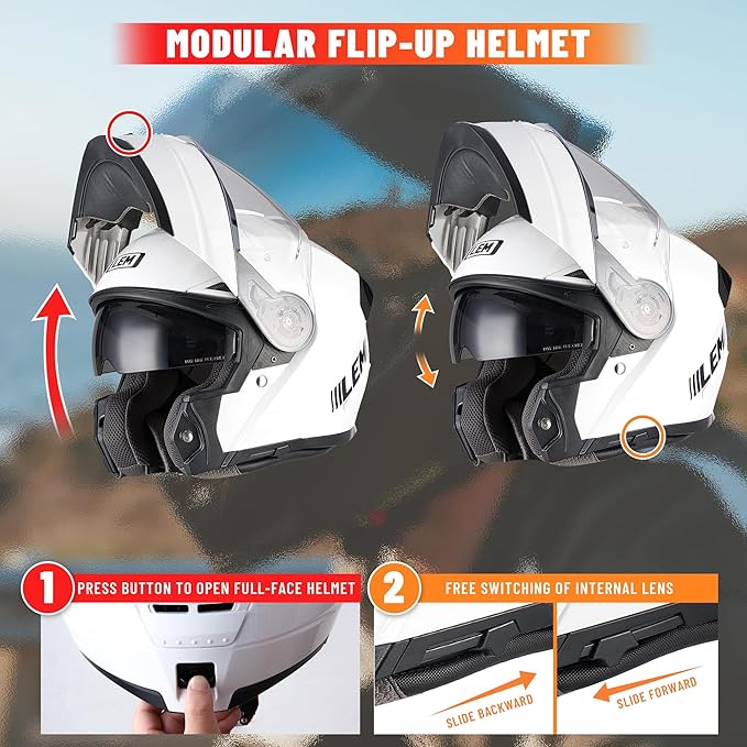 LEM Modular Motorcycle Helmets Fiberglass, Full Face Motorcycle Helmet Flip Up for Touring, DOT Certified, Release Sun Visor & Removable Comfort Liner, Lightweight Street Bike Helmet (White, L)