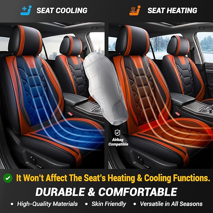 OASIS AUTO Car Seat Covers Full Set, Waterproof Faux Leather Seat Covers for Cars Universal Fit for SUV, Truck, Sedan, Black Premium Car Seat Protector with Front & Back Cushions (OS-004 Black&Orange)