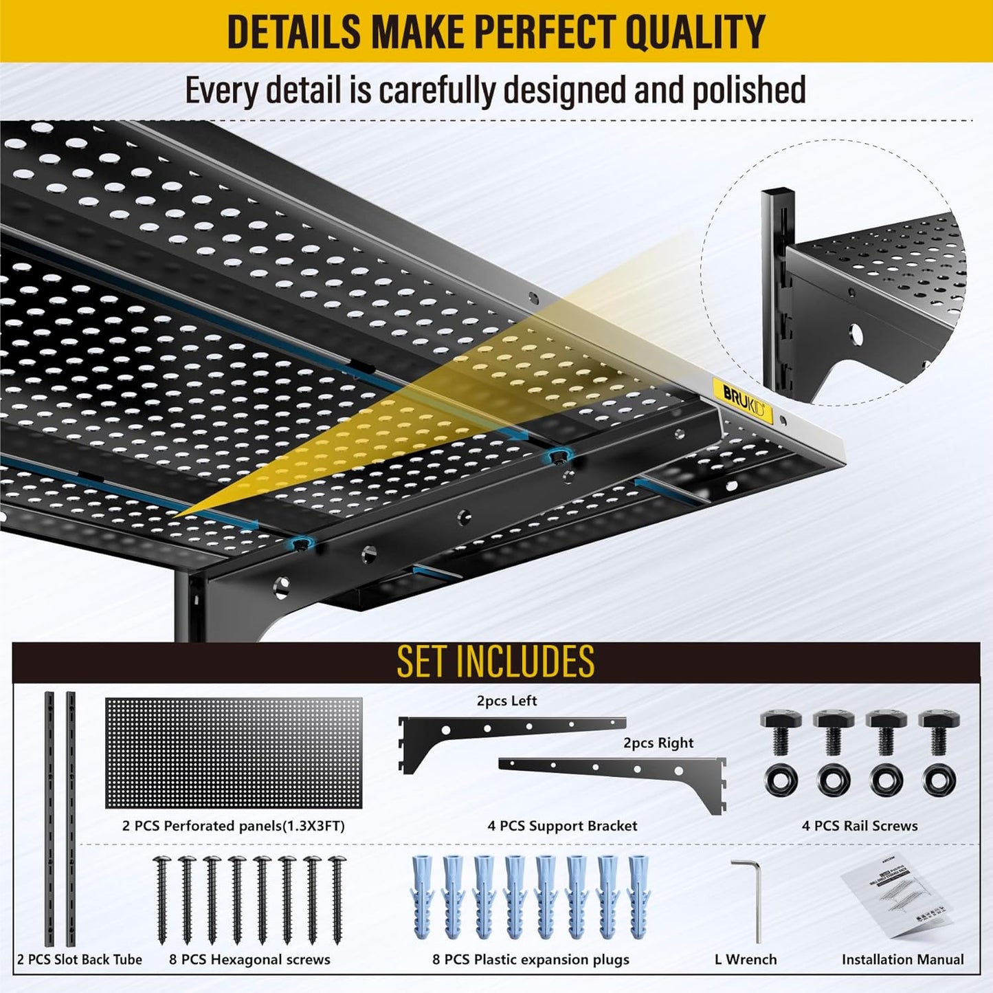 2 Tier 1.3x3ft Garage Shelving Wall Mounted, 400 lbs Load Capacity,15.6x36inch per Shelf Height Cassette Adjustable Floating Shelves(Black)