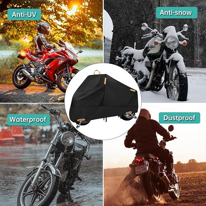 Motorcycle Cover Waterproof Outdoor, 300D Heavy Duty Motorcycle Cover for Harley Davidson Sportster 1200 883 Fat Boy 114 Street Bob, All Seasons Protection Scooter Cover Fits up to 86"