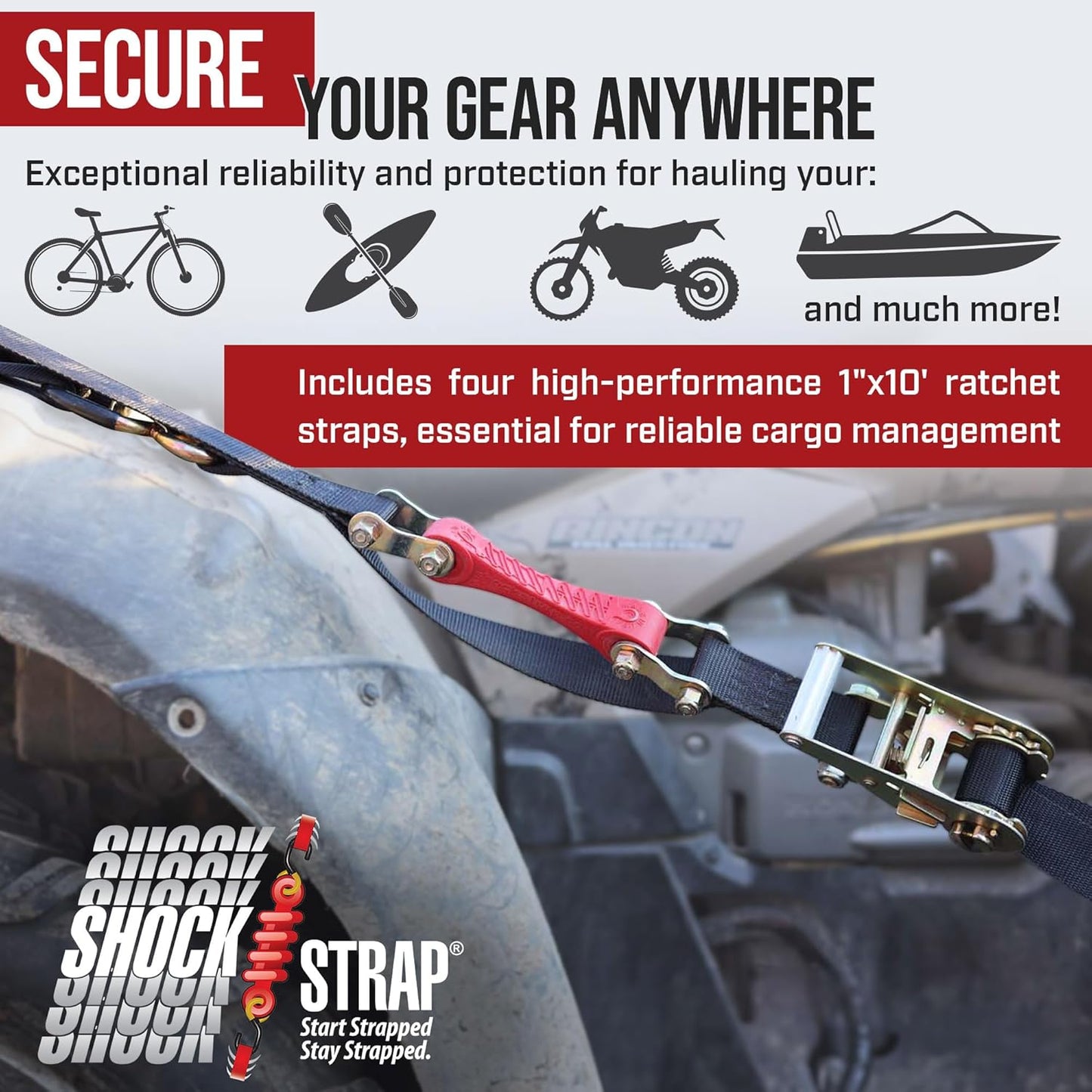 Ratchet Strap, 10' x 1" Shock Absorbing Heavy Duty Tie Downs for Cargo, 500 LB WLL / 1,500 LB Break Strength, 4-Pack