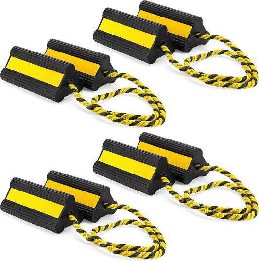 4 Pair Heavy Duty Wheel Chocks for RV Trailer, Rubber Wheel Stoppers, Dual Blocks, Non Slip Tire Chock with Nylon Rope Reflective Tape for RV Camper Travel Trailers Car Truck (Yellow)