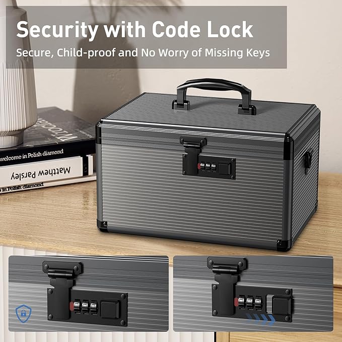 Medicine Lock Box with Code, Locking Medicine Box with Removable Tray & Pocket Bag, Portable First Aid Box for Home, 14 * 8.85 * 7.5 Inch (Black)