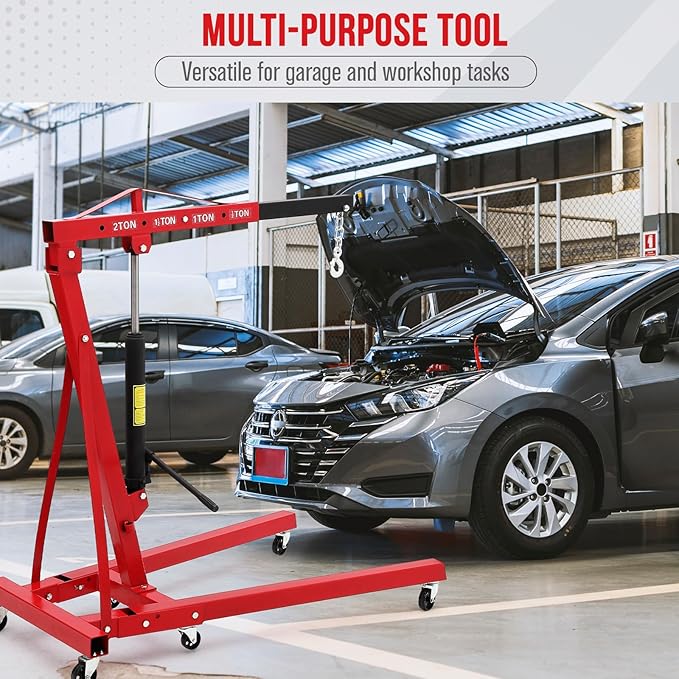 2 Ton Engine Hoist, Hydraulic Cherry Picker Engine Hoist Lift, 4400LBS Heavy Duty Crane Lifter with 6 Casters and Telescopic Boom, Foldable & Portable Design, for Garage, Workshop, Warehouse (Red)