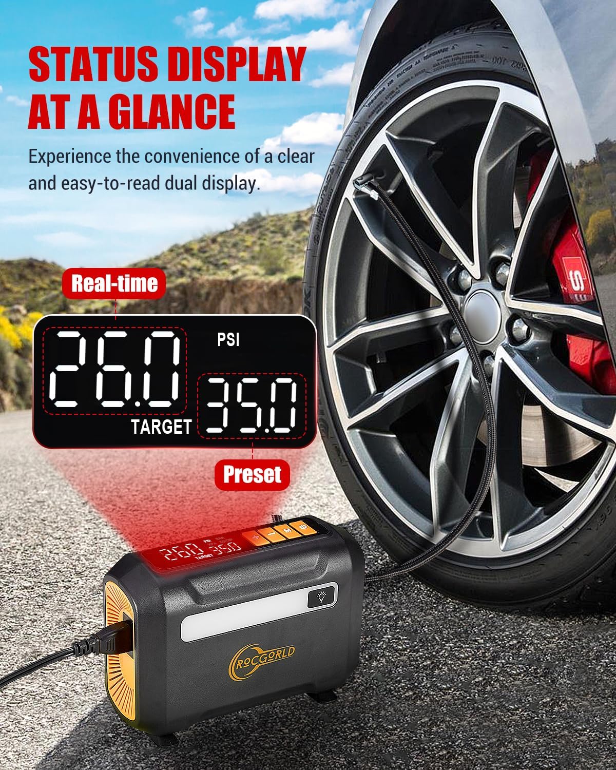 R8 Tire Inflator Portable Air Compressor, DC 12V Portable Air Compressor with Large Dual Digital Screen, 3X Faster Inflation Portable Air Pump for Car Tires, Bike, Motor - Car Accessories