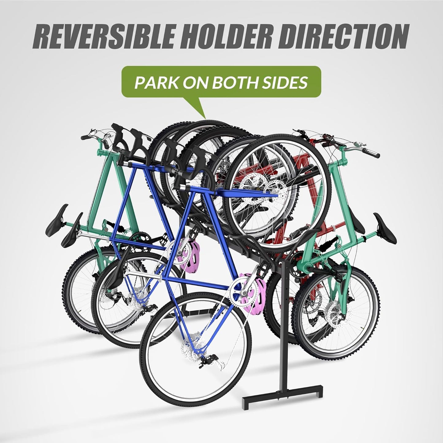 5 Bikes Floor Stand, Adjustable Bicycle Parking Rack with Hook for Garage, Indoor, Outdoor, Free Combination Bike Storage Cycle Rack for Mountain, Road and Kids Bikes, Max Tire Width 2.5”